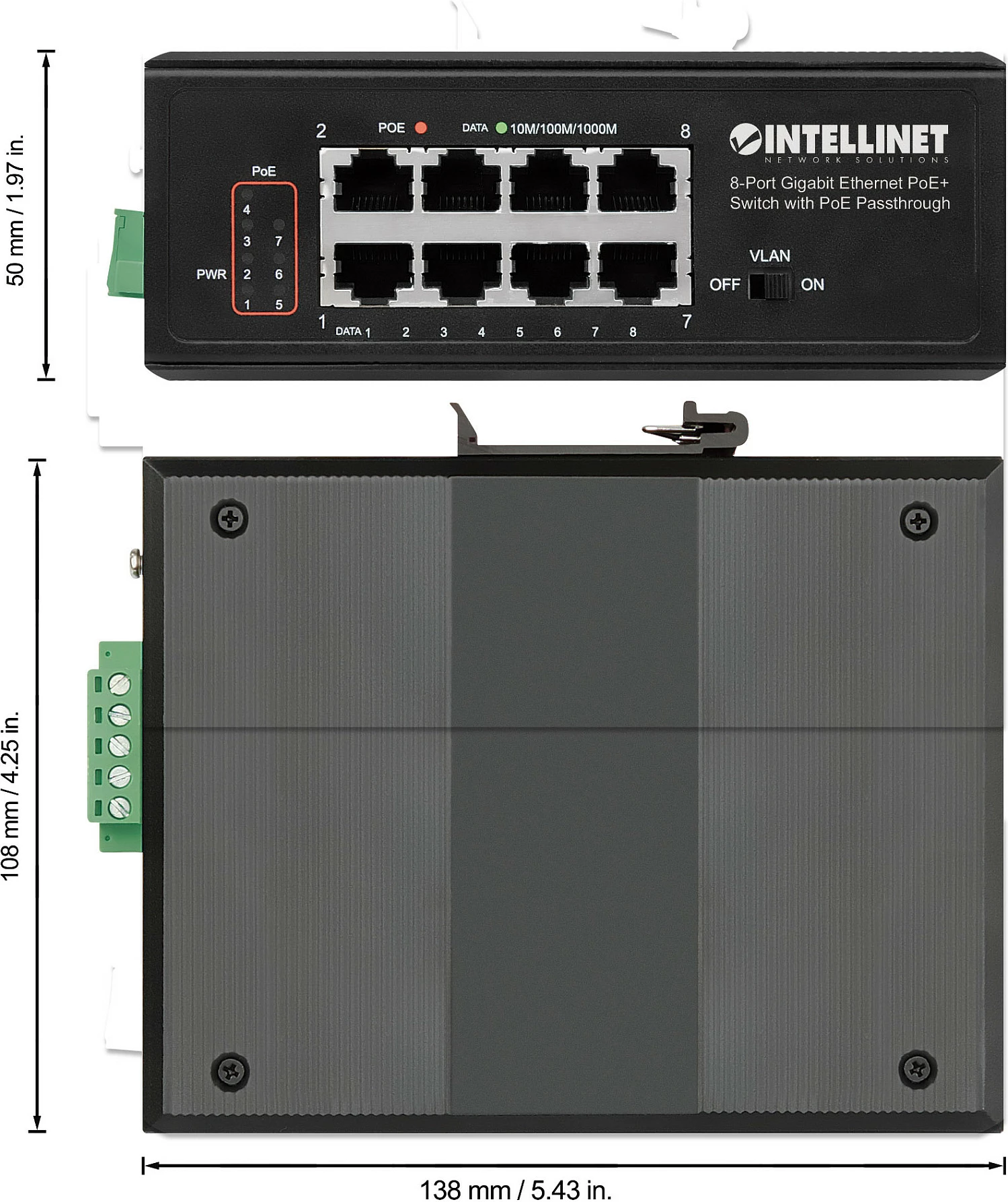 Switch industrial Intellinet 8-Port Gigabit PoE+ me PoE Passthrough, DIN-Rail, i zi