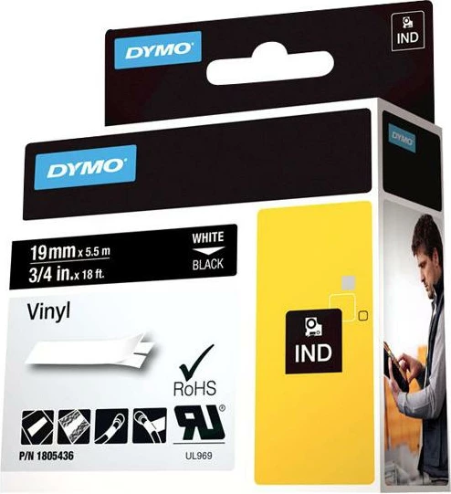 Shirit etiketimi vinyl, Dymo, Rhino Coloured Vinyl 1805436, 19mm x 5.5m, e bardhë/tekst i zi