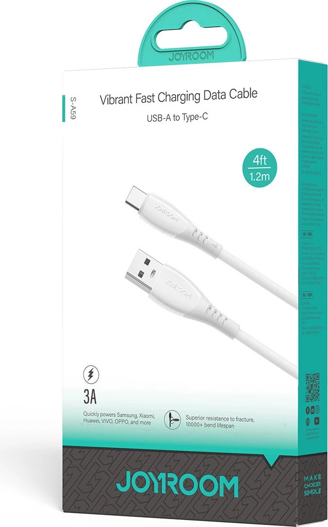 Kabllo Joyroom S-A59 Vibrant Series USB-A–USB-C 1.2 m 3A USB 2.0 480 Mbps, e bardhë, me kuti