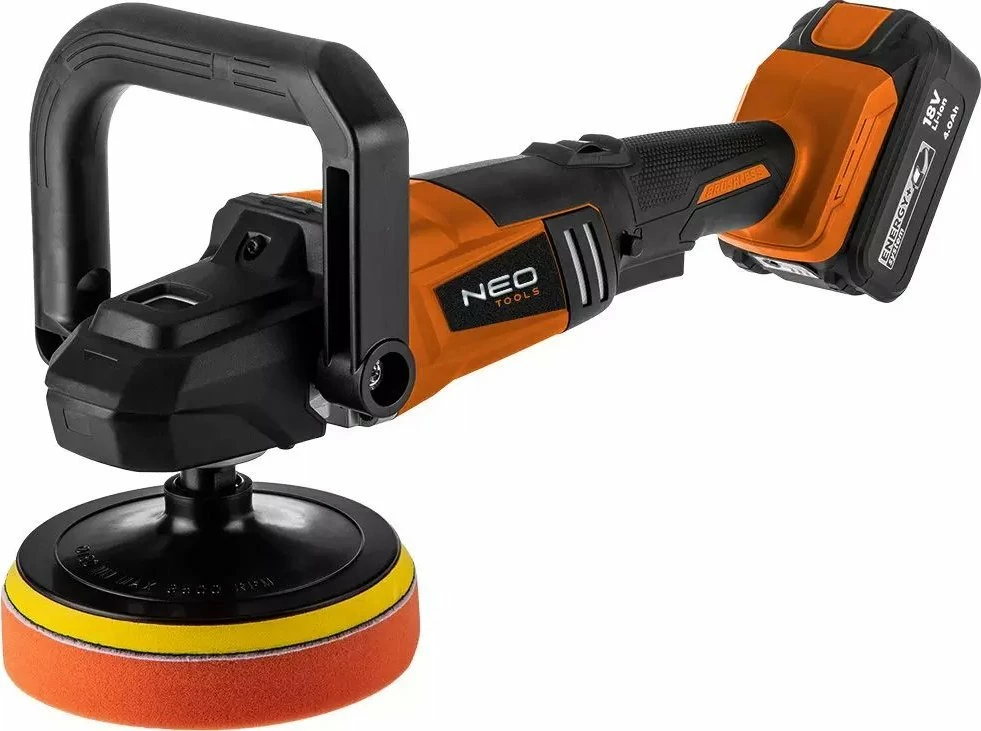 Polerka akumulatorike NEO Energy+ 18V 04-602, 150 mm, brushless, portokalli/zi, set me 3 jastëkë (pa bateri/karikues)