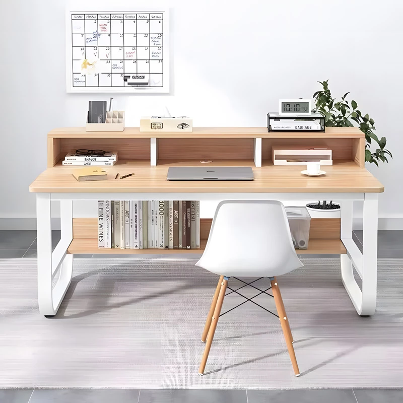 Tavolinë pune Evrepy, MDF, ngjyrë lisi e bardhë, këmbë metalike të bardha, 100x60x73cm