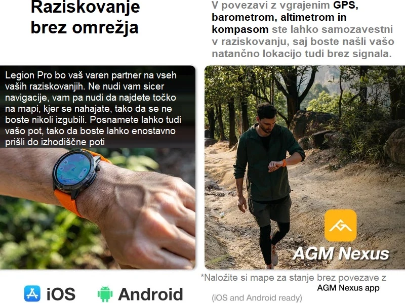 Smartwatch AGM Legion Pro 24166, GPS, harta offline, 5ATM, IP67, MIL-STD-810H, AMOLED 1.43\" 60Hz, Bluetooth thirrje, set me 2 rripa (portokalli neon + zi), i zi