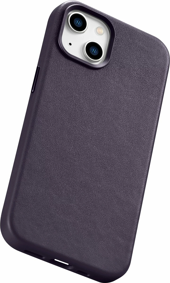 Mbështjellës iCarer për iPhone 14, lëkurë natyrale, MagSafe, Vjollcë e errët