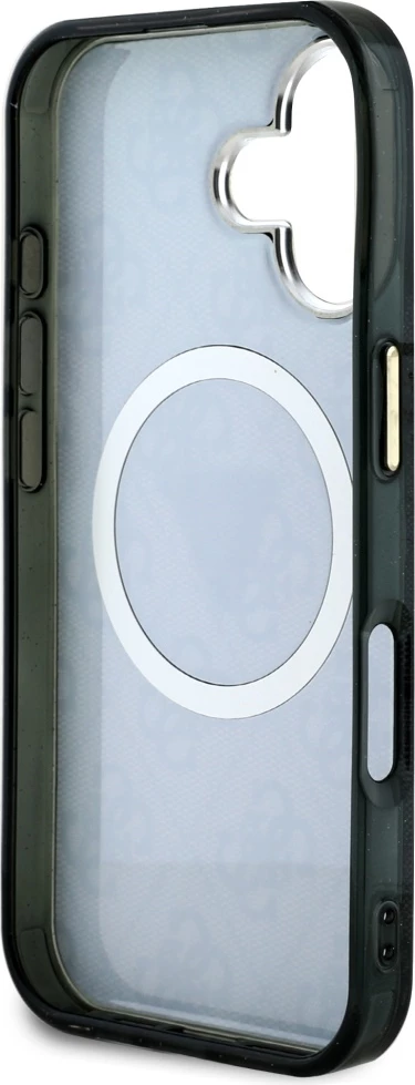 Mbështjellës Guess IML Metal Glitter 4G Circle Triangle MagSafe për iPhone 16, i zi