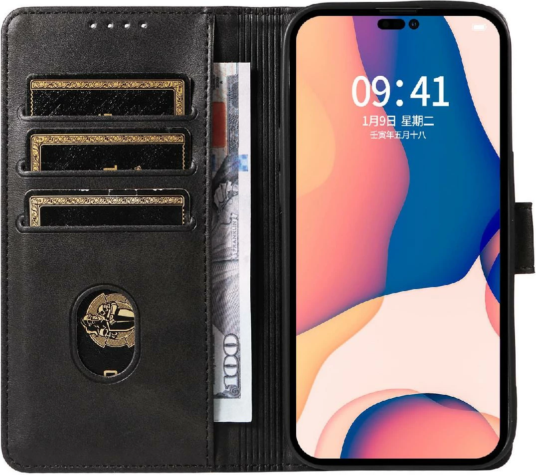 Mbështjellës Hurtel Leather Book Case për iPhone 16 Pro, e zezë