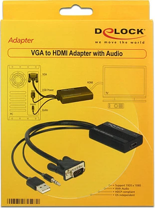Adapter DeLOCK 62597 VGA në HDMI, 0.25 m, 1080p, audio 3.5mm, USB, i zi