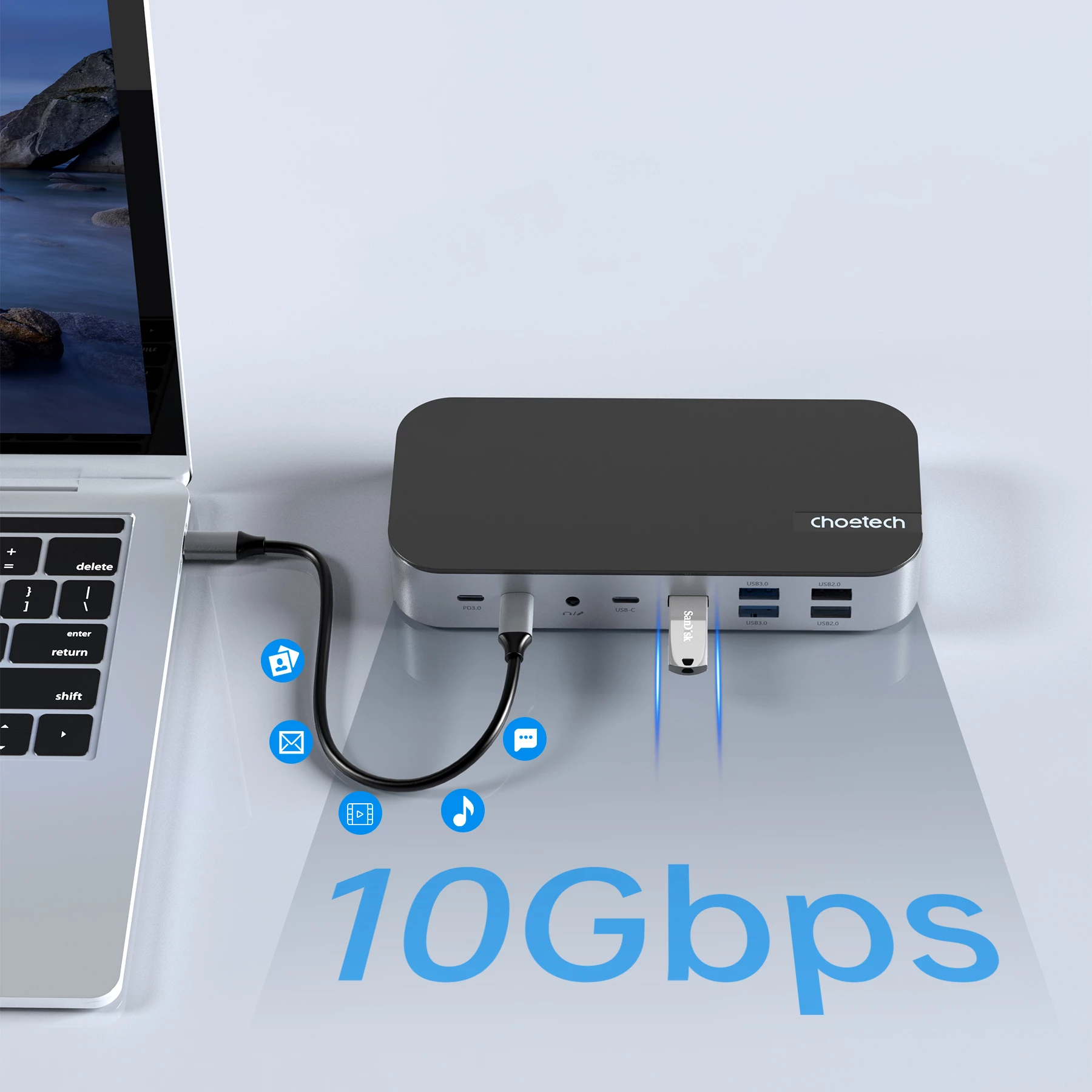 Kasë Choetech HUB-M52, USB-C, HDMI, VGA, DP, SD, RJ45, Gri