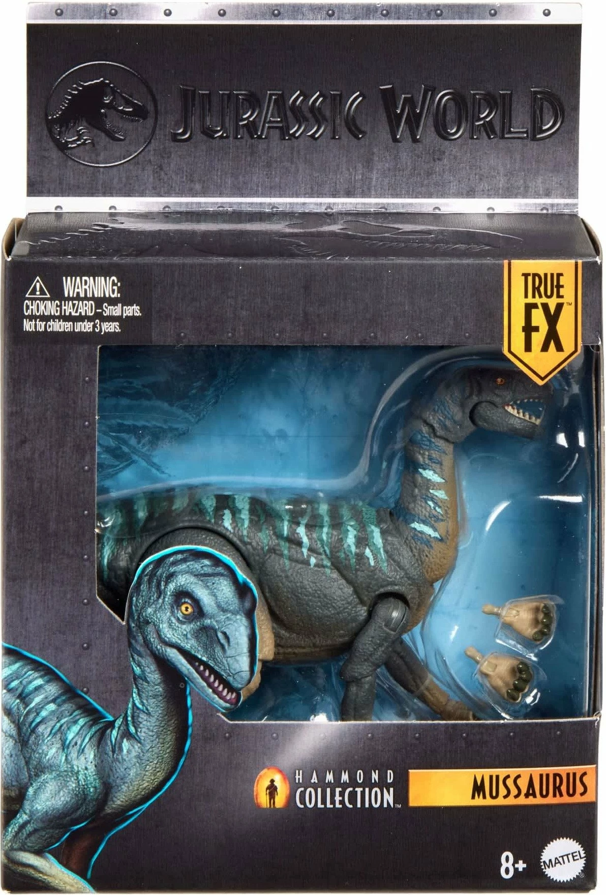 Figurinë dinosauri Mattel Jurassic World Hammond Collection Mussaurus JKM89 21 cm, gri me detaje të kaltra