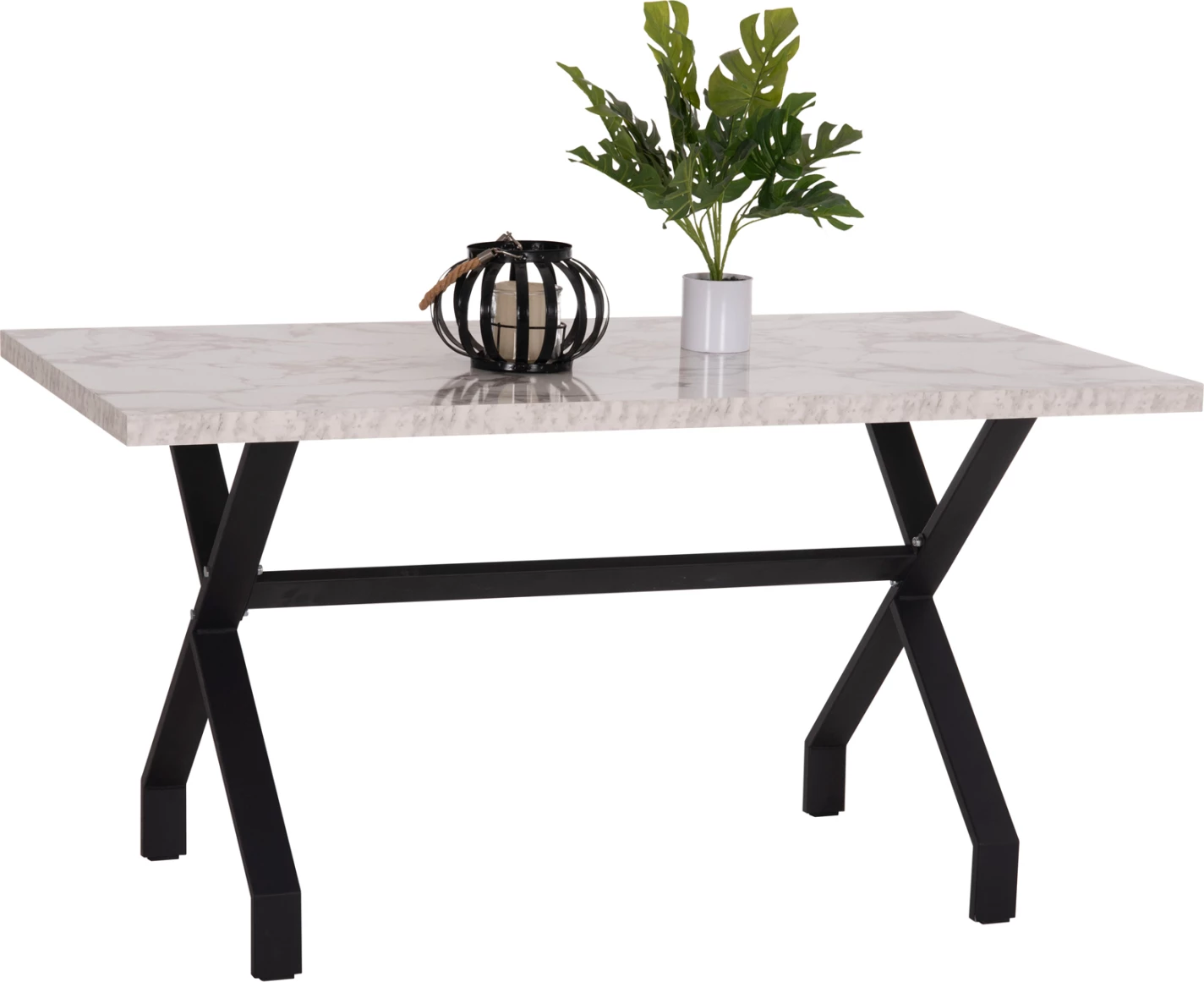 Tavolinë kuzhine LANA, pamje mermeri të bardhë, këmbë metalike të zeza, 140x70x72cm