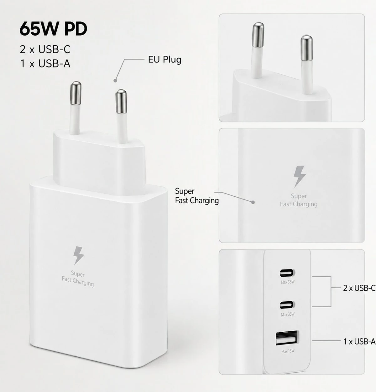 Karikues 65W PD Trio 2x USB-C + USB-A, EU Plug - i bardhë