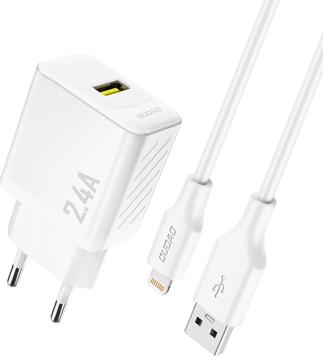 Karikues muri GaN, Dudao A23LEU, 12W 2.4A USB-A, me kabllo USB-A në Lightning 1m, prizë EU, bardhë