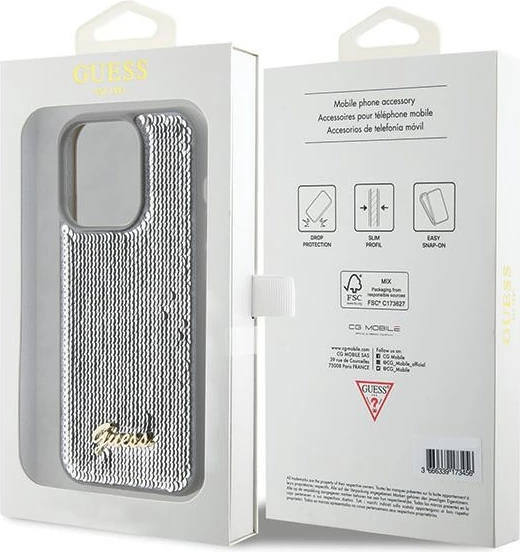 Mbështjellës Guess Sequin Script Metal për iPhone 15 Pro, argjendtë