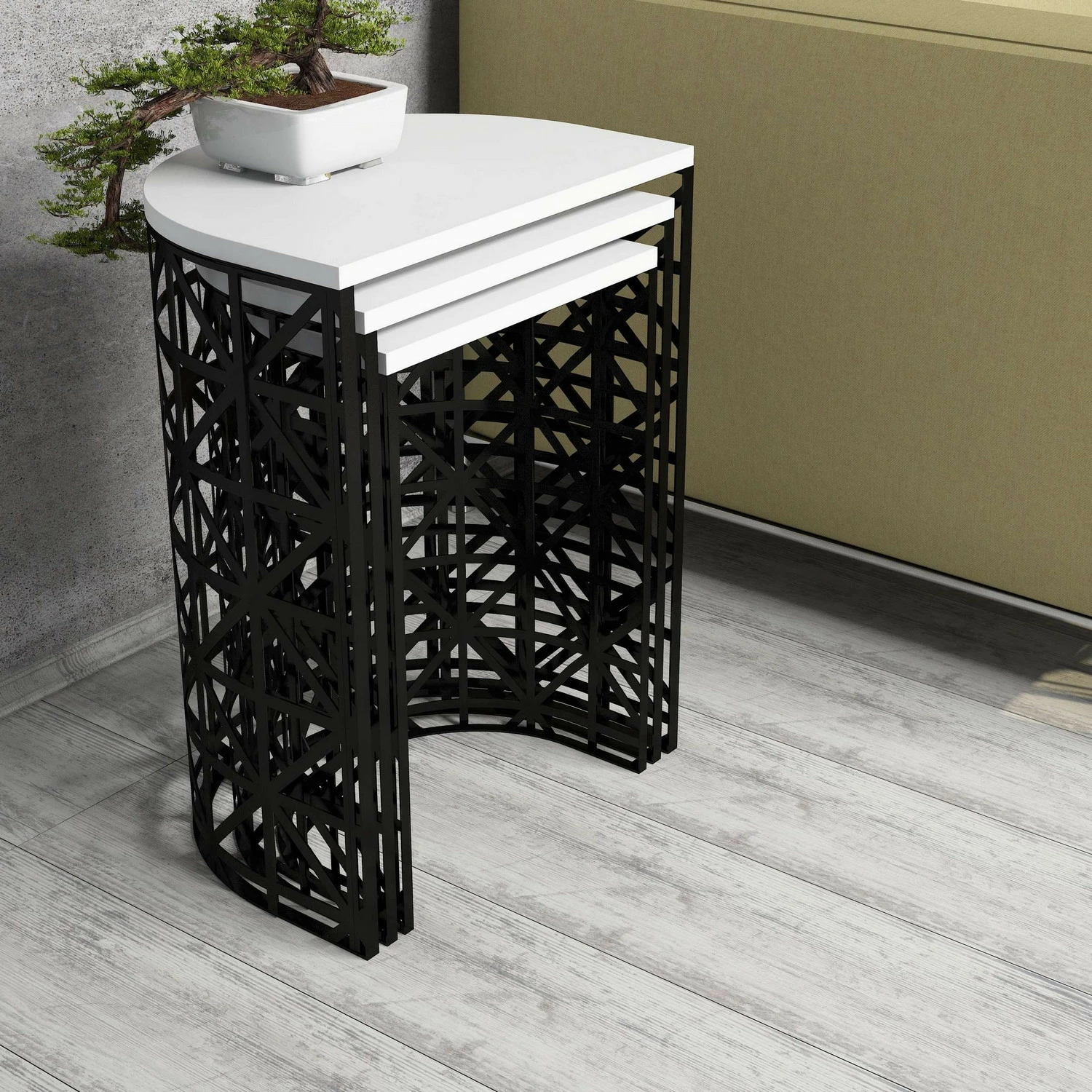 Set tavolinash ndihmëse (3 copë), Skye Decor, stil metal ferforje, e bardhë