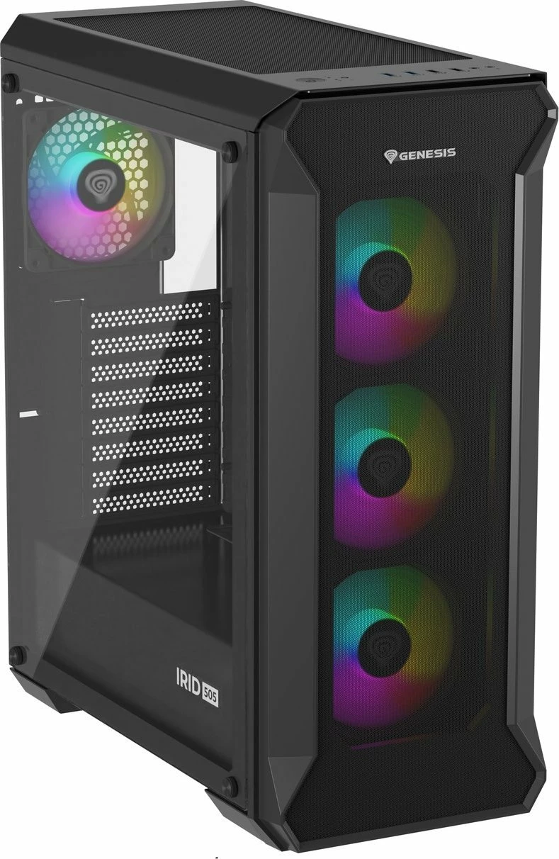 Kasë GENESIS Irid 505 ARGB V2 NPC-1518 Midi Tower ATX/Micro ATX/Mini-ITX, 4x120mm ARGB fan, xham i kalitur, e zezë