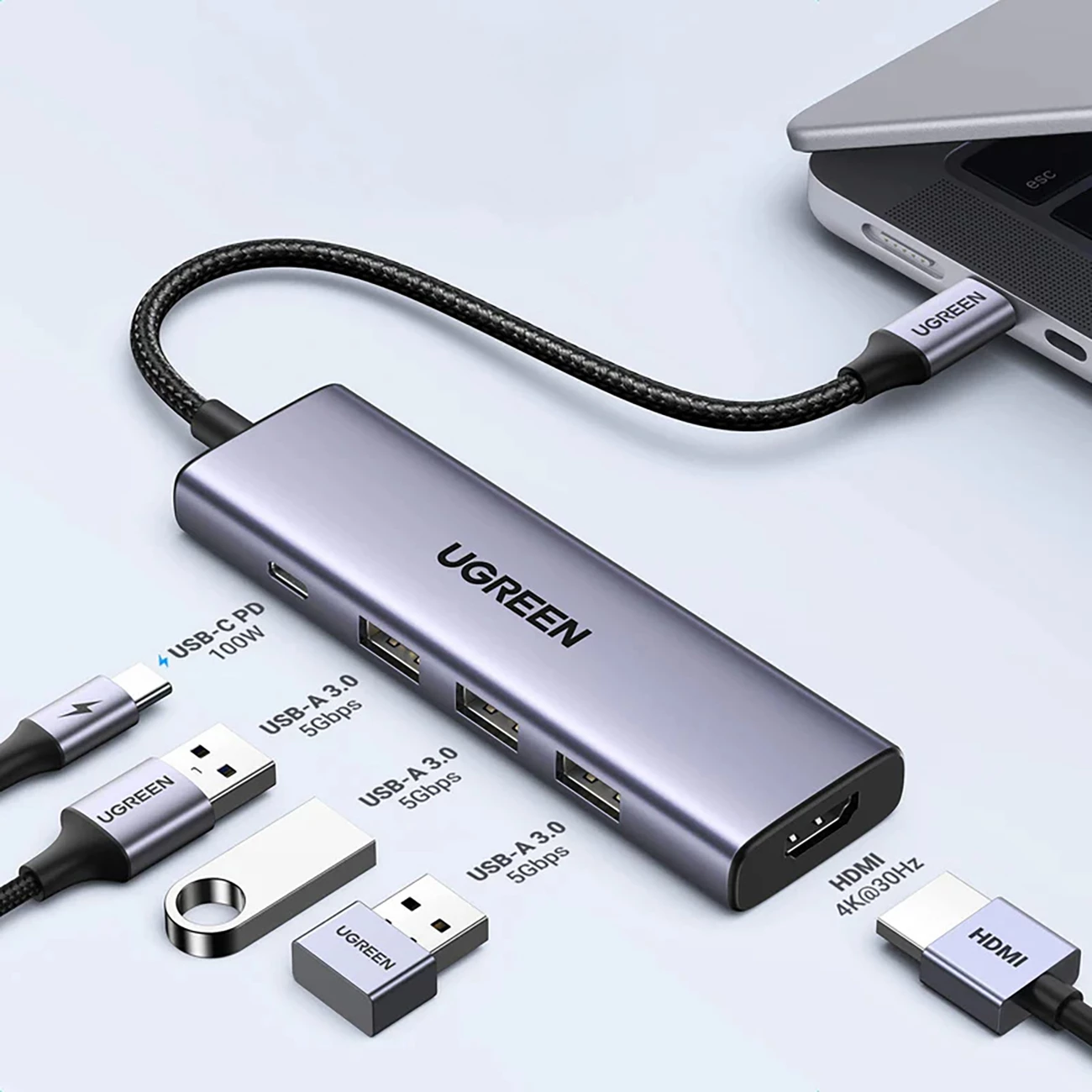 HUB Ugreen CM511 5in1, USB-C, HDMI, 3x USB-A 3.0, Gri