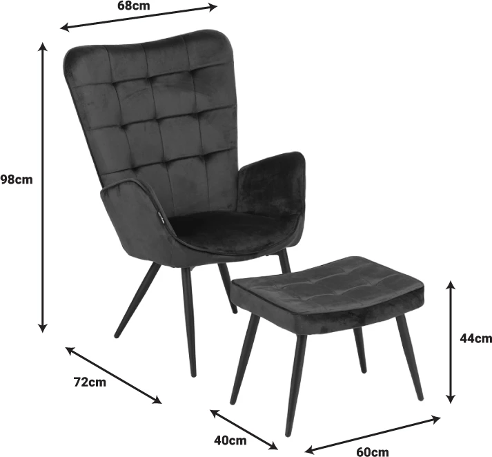 Fotel Maddison me stol këmbësh, kadife krem, këmbë natyrale, 68x72x98cm