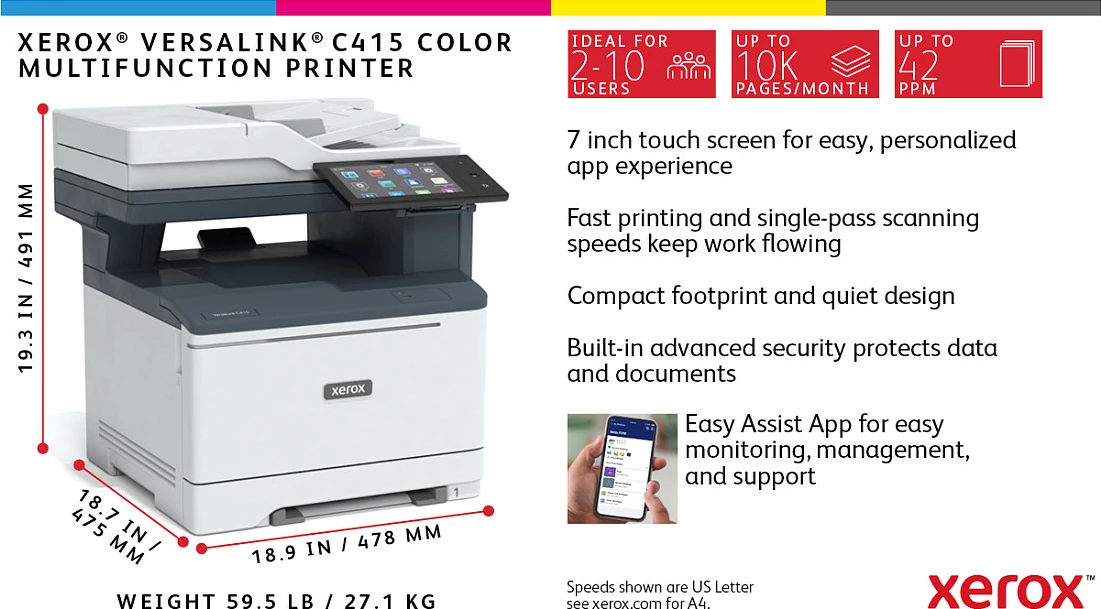 Printer multifunksional Xerox VersaLink C415DN, USB/LAN, print/scan/kopje/fax, duplex, gri/blu