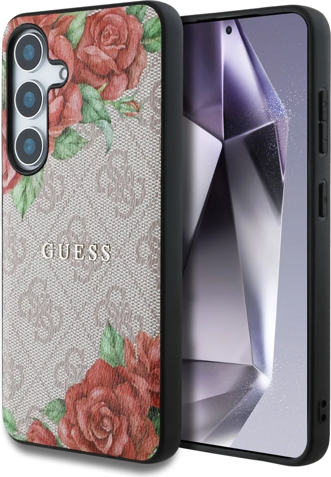 Mbështjellës Guess Leather 4G Flowers Print Metal Classic Logo MagSafe për Samsung Galaxy S25, Rozë