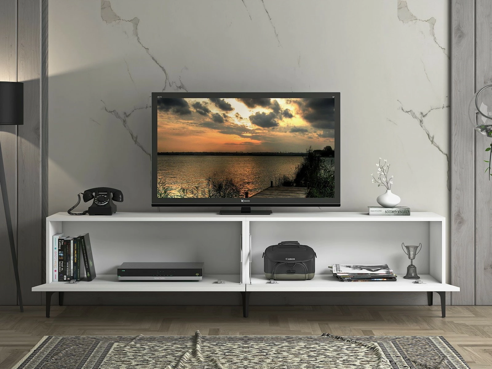 Komodë TV Hanah Home, FRN-12003, e bardhë, këmbë metalike, 200x47x40cm