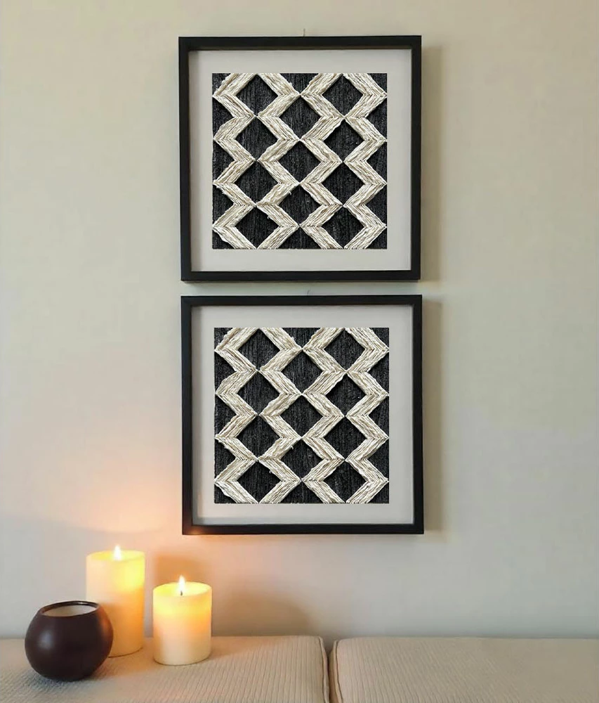 Dekor pikture artizanale Earth Craft, letër, xham, ngjyrë e zezë dhe bezhë, 60x60x4cm