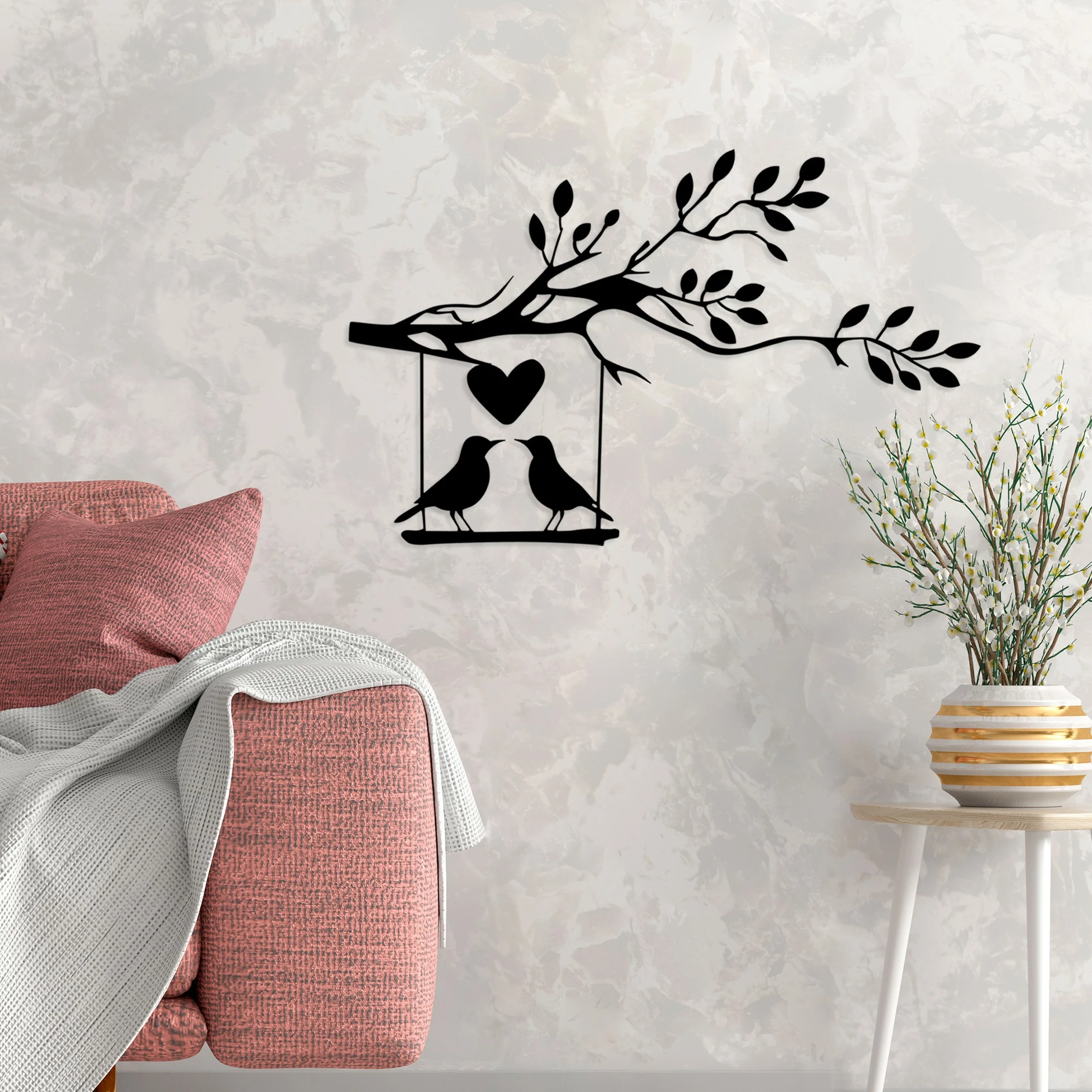 Aksesor dekorativ metalik për mur, Love Of Birds, ngjyrë e zezë