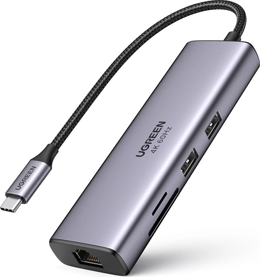 Kasë HUB Ugreen CM512 7-në-1, USB-C, 2x USB-A 3.2, HDMI 4K, SD/TF, USB-C PD 100W, RJ45, Gri
