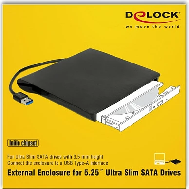 Kuti e jashtme DeLOCK 42603 për drive optik Ultra Slim SATA 5.25 inç, USB 3.2 Gen 1, e zezë