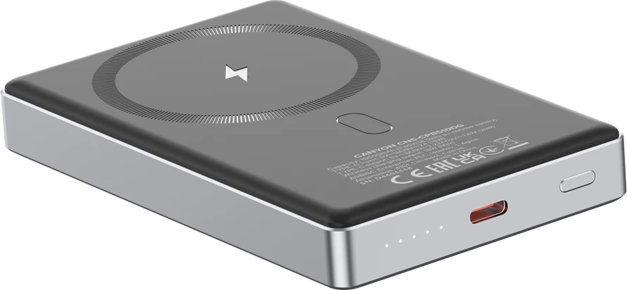 Bateri e jashtme CANYON OnPower 510, 10000 mAh, PD 20W, magnetike (MagSafe), 15W wireless, gri e errët
