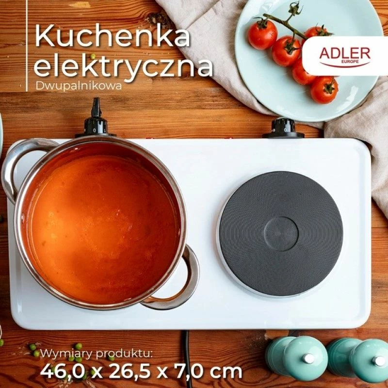 Sobë elektrike Adler AD 6520, dy pllaka, bardhë/zezë