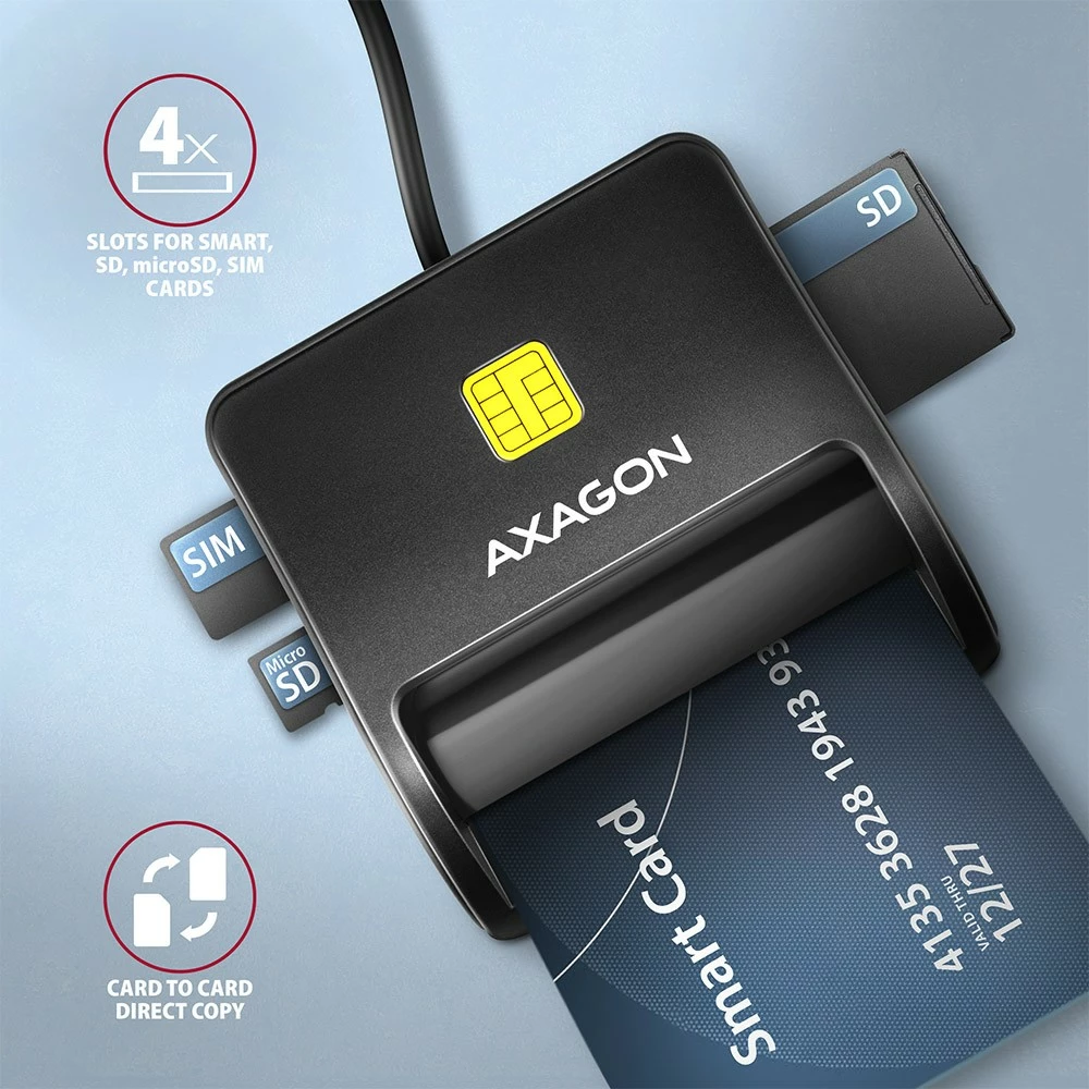 Lexues kartelash AXAGON CRE-SM3SD, USB 2.0, për Smart Card/SD/microSD/SIM, i zi