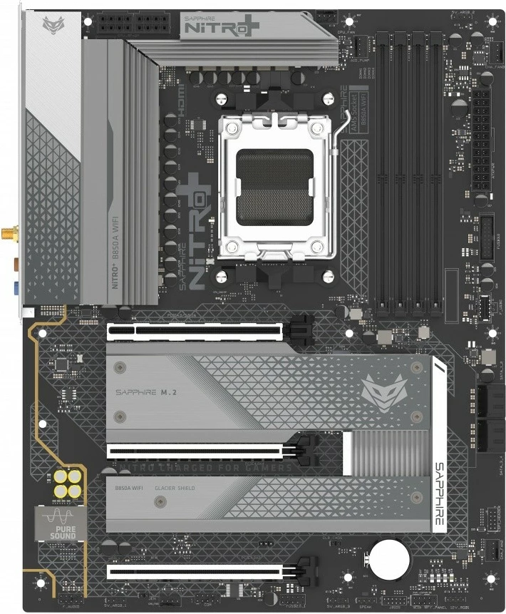 Pllakë amë, Sapphire NITRO+ B850A WIFI 7, AM5, chipset AMD B850, 4x DDR5 deri 256GB 8000 MHz OC, PCIe 5.0 x16 dhe M.2, Wi‑Fi 7, 2.5GbE, ATX