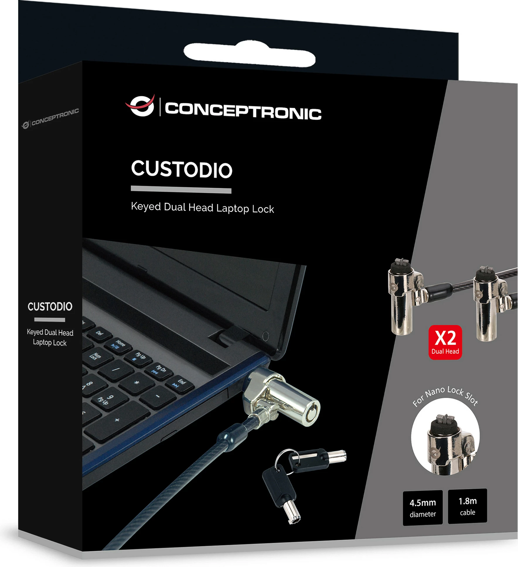 Kandadë sigurie për laptop Conceptronic Nano-Lock Dual, kabllo 1.8m, e zezë