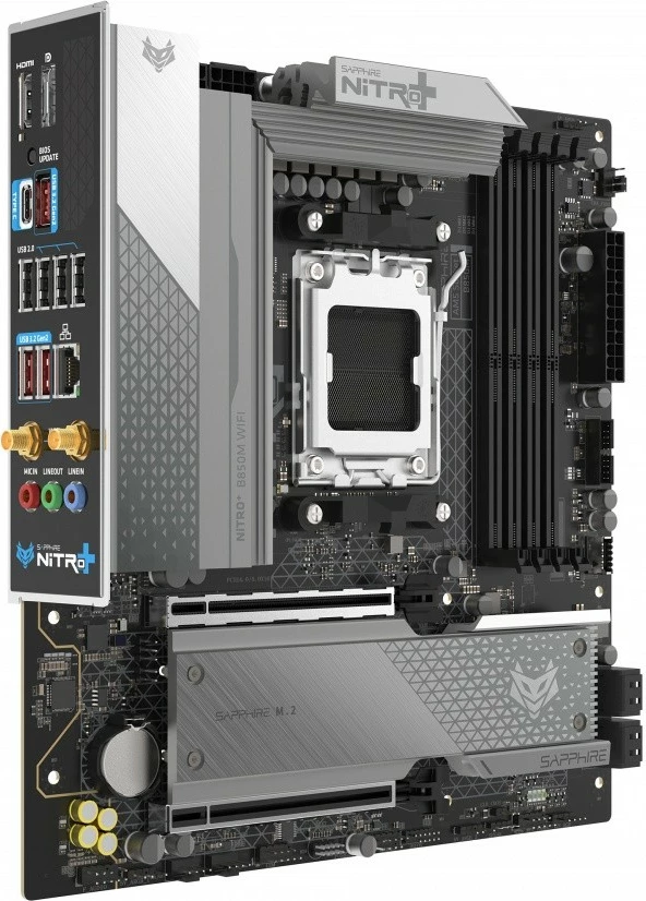 Pllakë amë, Sapphire NITRO+ B850M WIFI, AMD B850 AM5, mATX 244x244 mm, 4x DDR5 deri 256GB 8000 MHz, PCIe 5.0 x16 dhe M.2, Wi-Fi 6 dhe Bluetooth 5.3