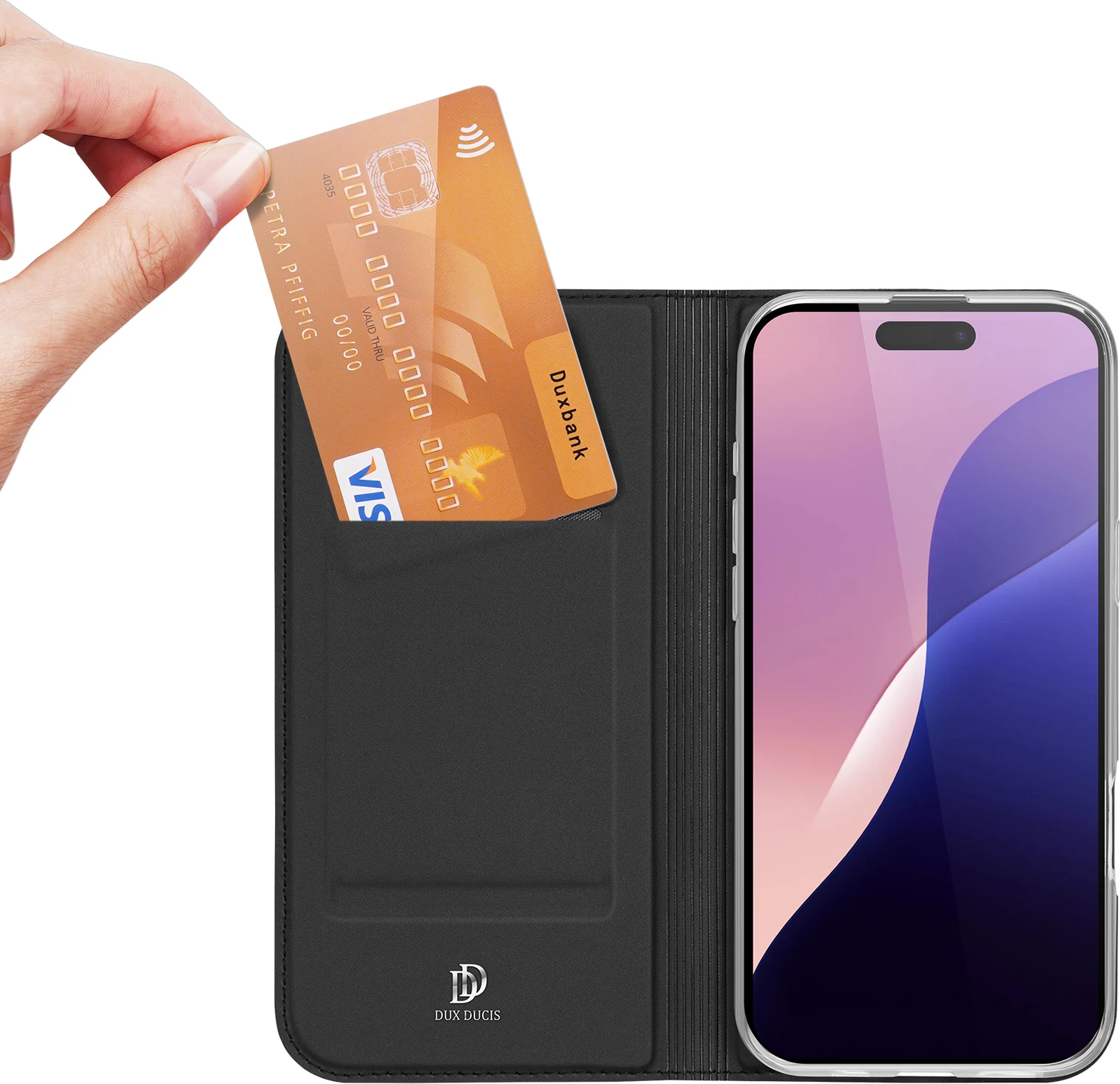 Mbështjellës Dux Ducis Skin Pro për iPhone 16 Pro, me kapak dhe xhep për kartela, e zezë