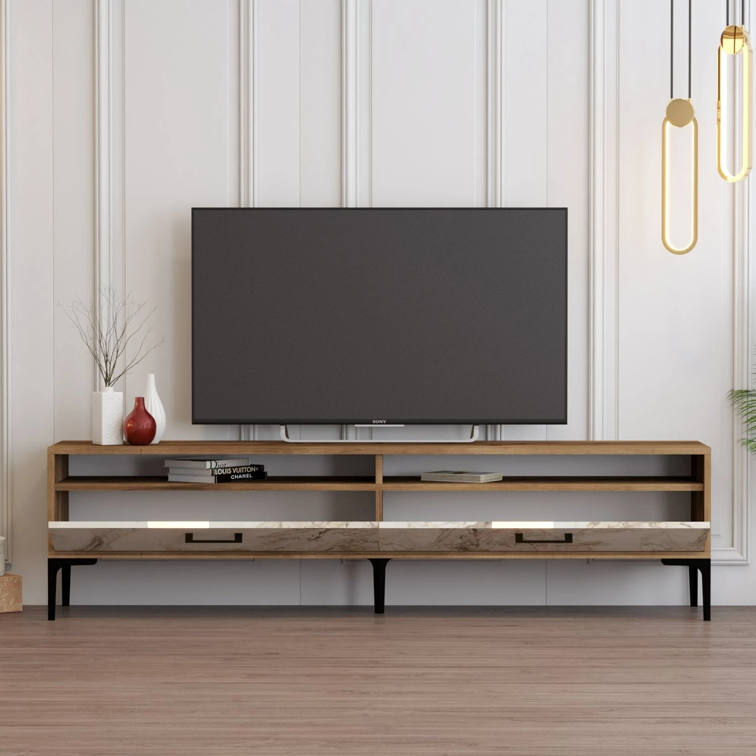 Komodë TV Skye Decor, Istanbul 2, ngjyrë arre dhe mermer i bardhë