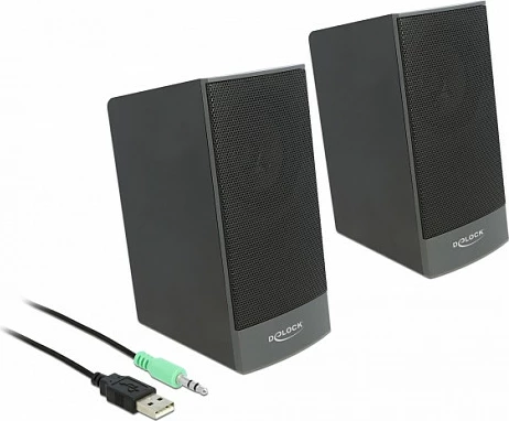 Altoparlantë DeLOCK Stereo 2.0, 3W RMS, USB + 3.5mm, të zinj