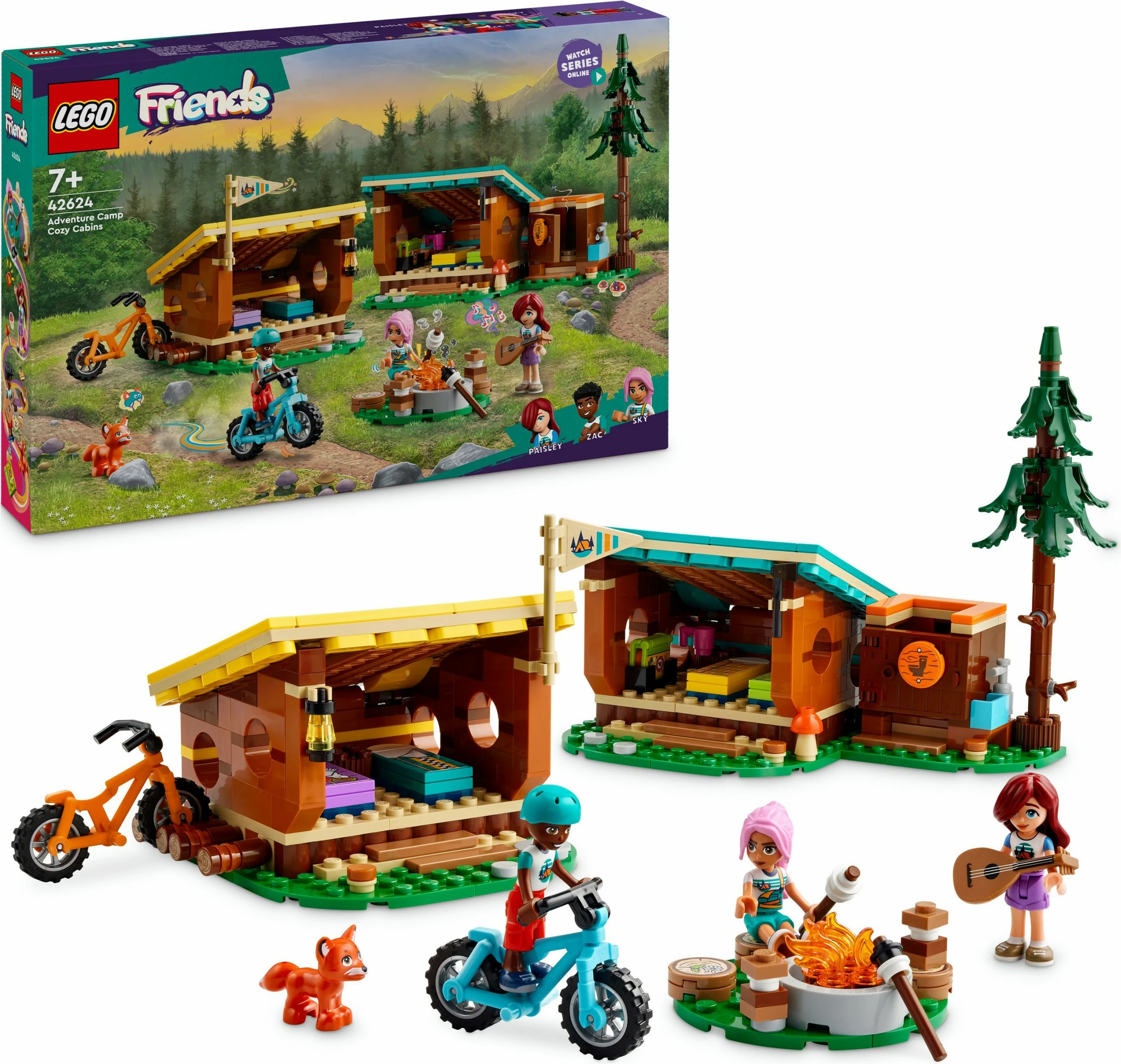 Set LEGO Friends 42624, kamp aventure, kabina të vogla, me figurina dhe biçikleta