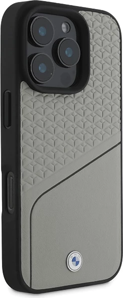 Mbështjellës BMW Sign me teksturë lëkure dhe MagSafe për iPhone 16 Pro, Gri