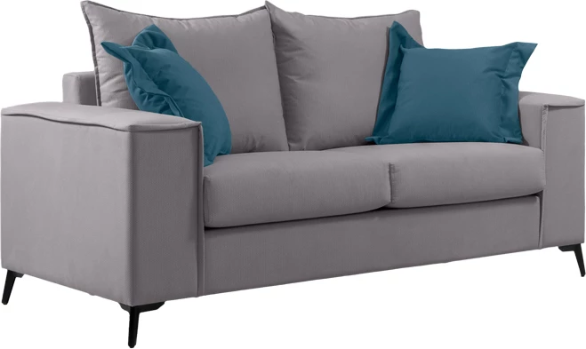 Set divanësh Verona 2 copë, pëlhurë gri e çelët me jastëkë ngjyrë blu