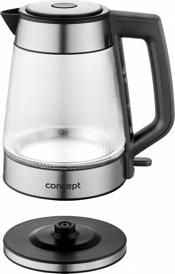 Çajnik elektrik Concept RK4210 1.7 L 2200 W xhami me ndriçim LED bazë rrotulluese STRIX inox dhe transparent