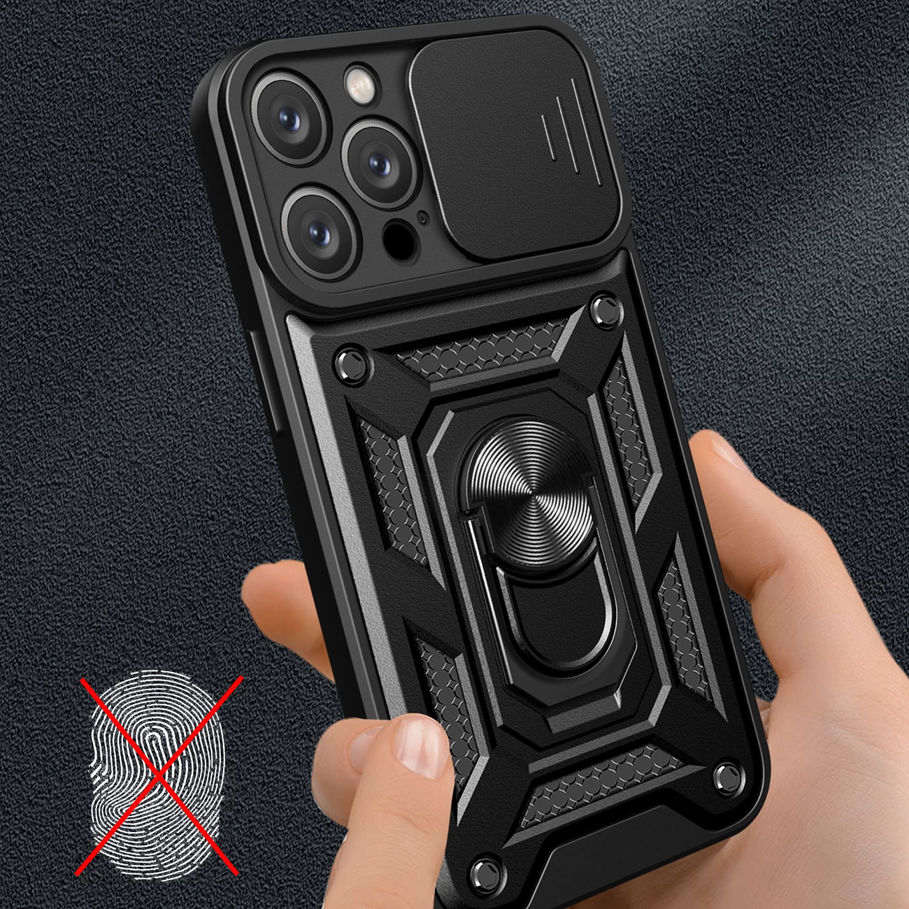 Mbështjellës Hurtel Hybrid Armor Camshield për iPhone 16 Pro, me kapak kamere dhe qëndrim, zi