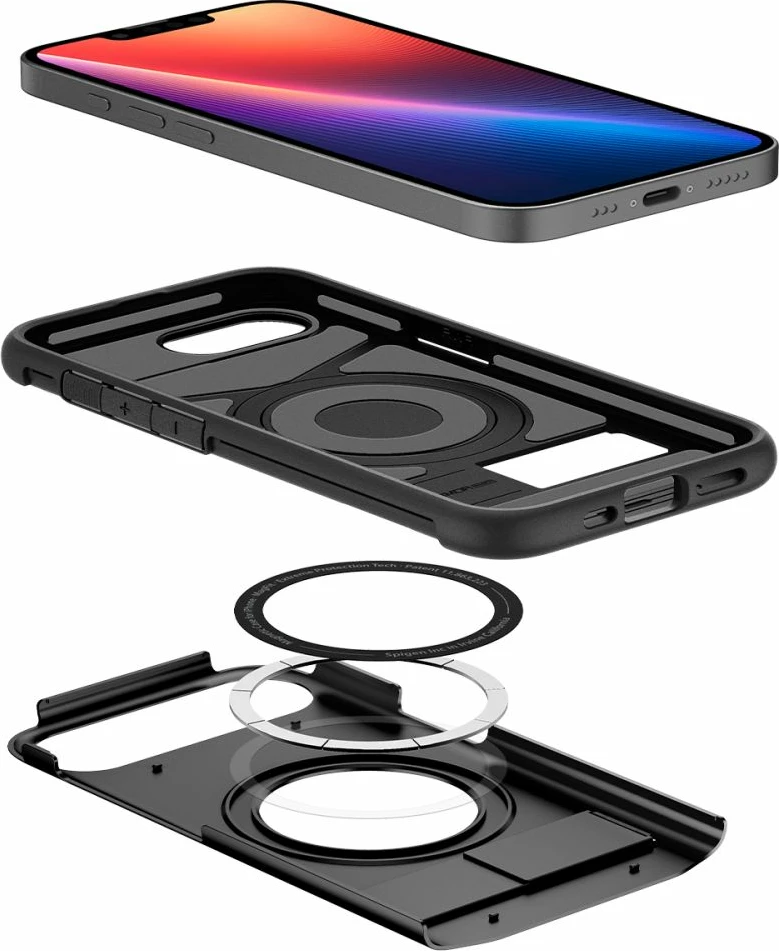 Mbështjellës Spigen Slim Armor MagSafe për iPhone 16e, me kickstand, MagSafe, TPU + polikarbonat, zi