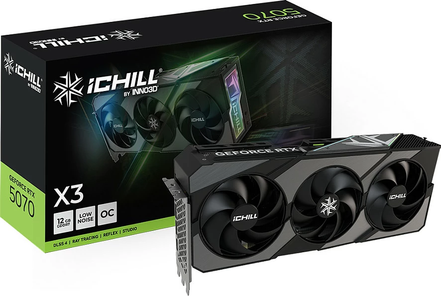 Kartelë grafike Inno3D GeForce RTX 5070 iChill X3, 12GB GDDR7, 3 fan, PCIe 5.0, e zezë