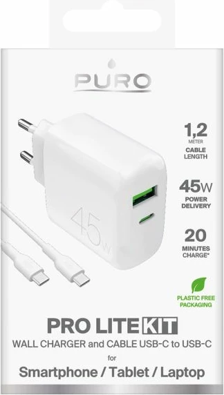 Karikues telefoni Puro Daily Prolite 45W me USB-C/USB-A, i bardhë me kabllo USB-C
