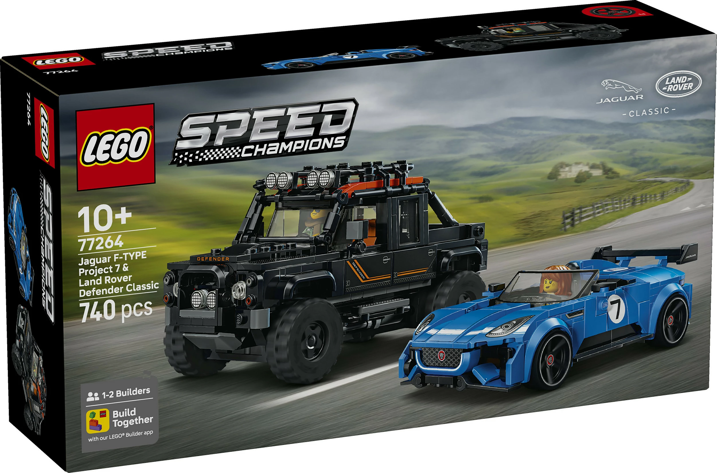 Set ndërtimi LEGO Speed Champions 77264 Jaguar F-Type Project 7 & Land Rover Classic Defender, 740 copë, 10+, blu/zi
