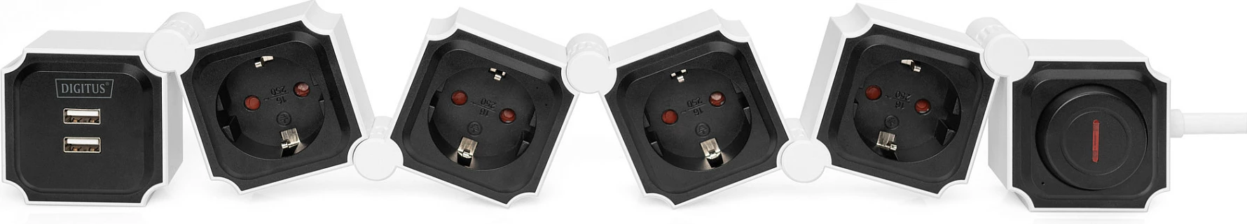 Shirit prizash Digitus 4x Schuko + 2x USB, kabllo 1.6 m, me ndërprerës, bardhë/zi