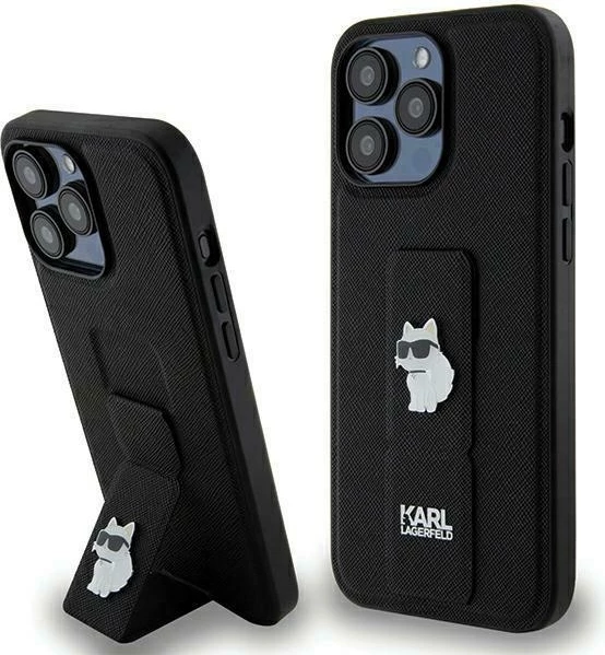 Mbështjellës Karl Lagerfeld Gripstand Saffiano Choupette Pins për iPhone 13 Pro/13, e zezë