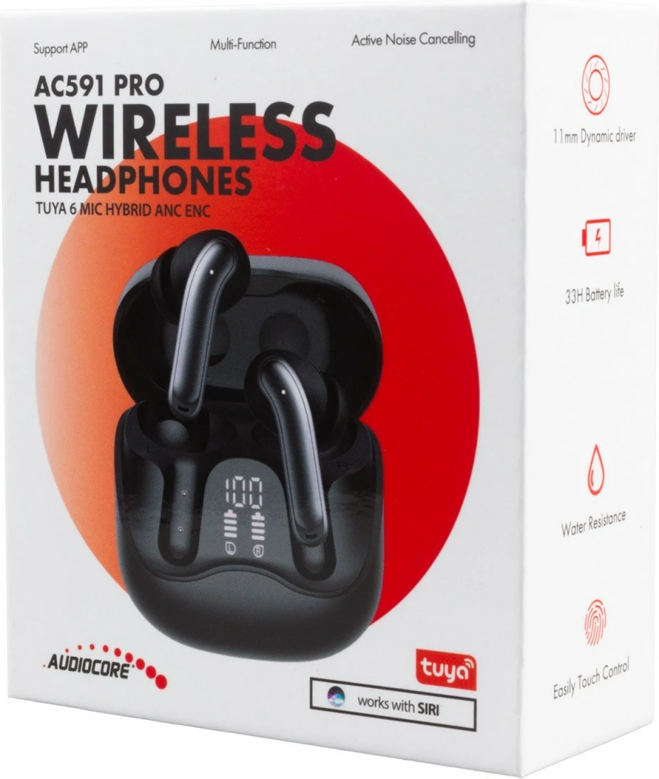 Kufje wireless Audiocore AC591 PRO me ANC/ENC, 6 mikrofona, Bluetooth 5.4, kuti karikimi USB‑C, e zezë