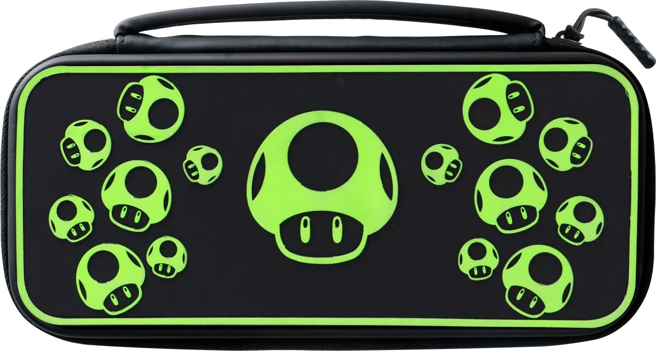 Kasë udhëtimi PDP Nintendo Switch Travel Case Plus 1-Up Glow in the Dark, me mbajtëse të integrume, e zezë/jeshile