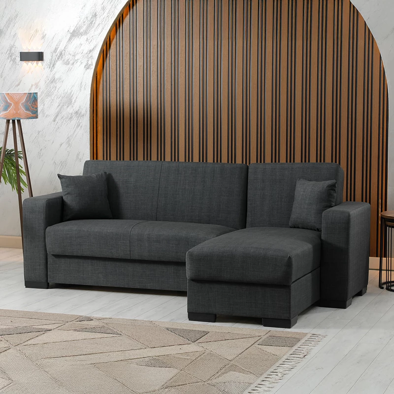 Kënd-sofë krevati Dumma, material tekstili, ngjyrë antracit, këmbë të zeza, 226x148x86cm
